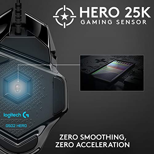 - Logitech G G502 HERO High Performance Wired Gaming Mouse | HERO 25K Sensor | 25,600 DPI | RGB | Adjustable Weights | 11 Programmable Buttons -