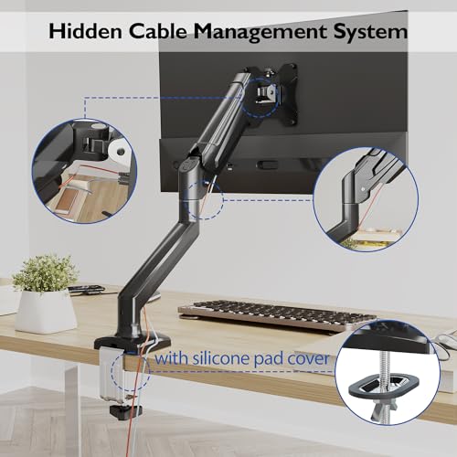 BONTEC Single Arm Monitor Desk Mount for 13-34 inch Screen, Tilt, Swivel, Rotation, Ergonomic Gas Spring Monitor Stand with Cable Management, VESA 75/100mm