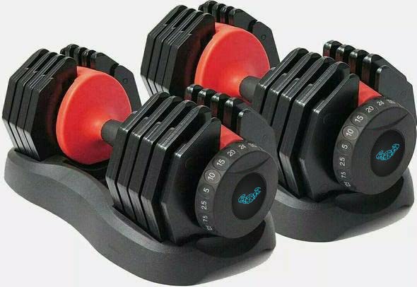 BRAINGAIN 15 in 1 Adjustable Dumbbell 24kg PAIR Easy Safe Locking Mechanism Home Fitness Gym Equipment 2x24KG Red