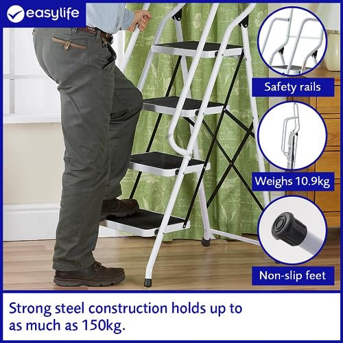 - Safety Folding Step Ladder | 4 Step Ladder, Strong, Non-Slip Rubber Steps With Rail Support And Grip Tight Ridges | 96x159cm -