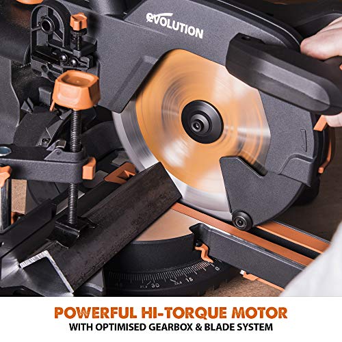 - Evolution Power Tools R255SMS+ Compound Mitre Saw | Multi-Material Cutting Blade | Chop Wood Metal Plastic | 45° Bevel | 50° Mitre Angle | 300mm Slide | 2000 W | 255 mm | 220-240 V -