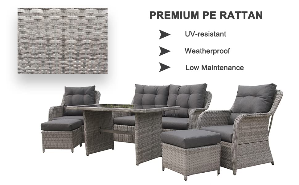 Chusstang Garden Rattan Sofa Set 6 Seaters, Patio Sofa Dining Table Set, Aluminum Frame Wicker Weave Furniture Set, Included Dining Table+Loveseat+ 2 Armchair+2 Stool -Gray