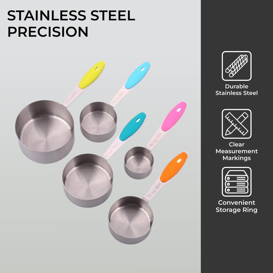 - H&S Measuring Cup Set of 5 Stainless Steel Metal Measure Spoon Cups -