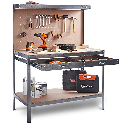 - VonHaus Garage Work Bench with Pegboard - Metal and Wooden Workbenches - Suitable for Most Garage Equipment - Garage Workbench Containing - Storage Drawer