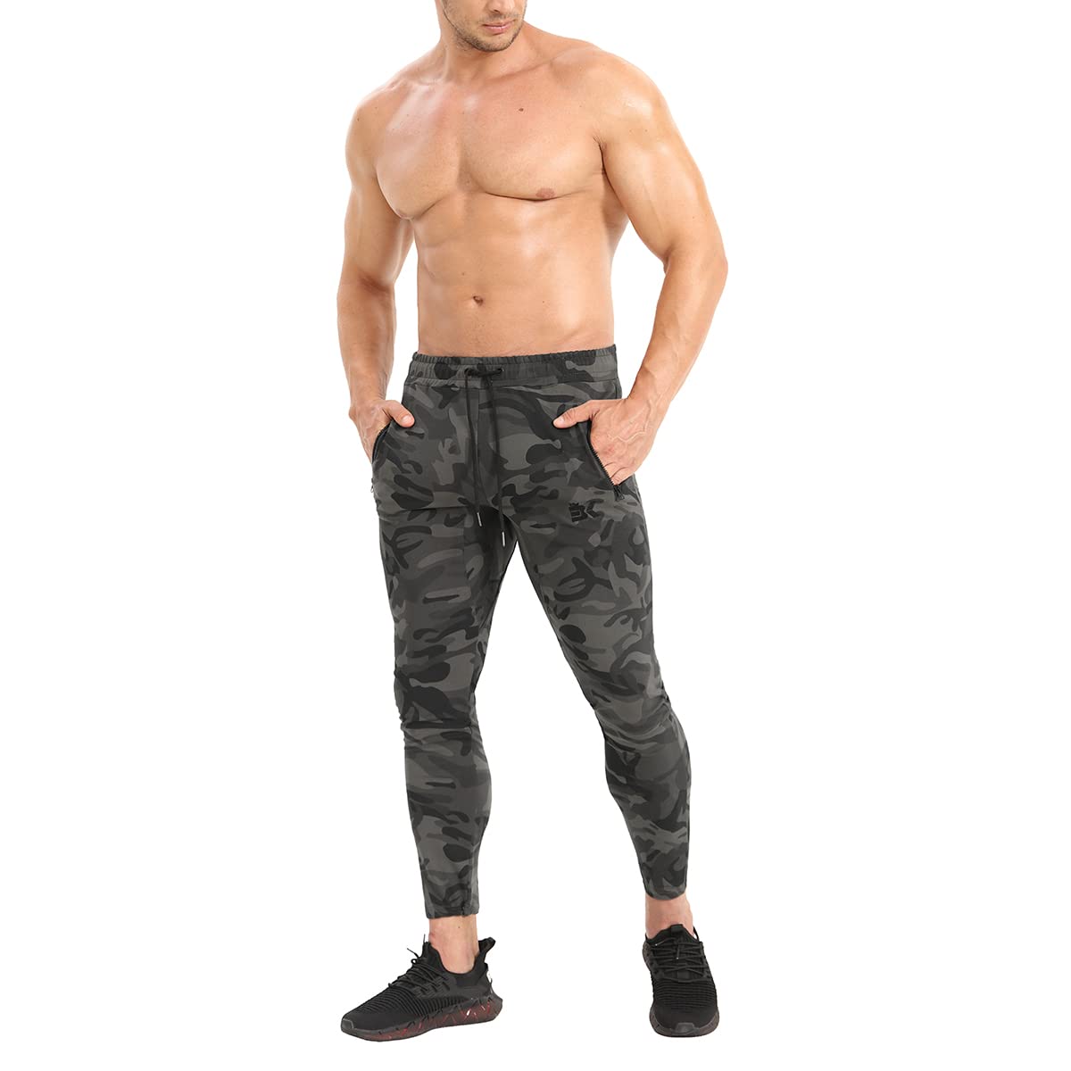 BROKIG Mens Ankle Cords Gym Joggers,Mens Tracksuit Bottoms Running Trousers with Zip Pockets(Camo Green,S)