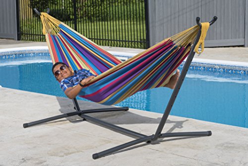 - Vivere UHSDO8-20 Double Cotton Hammock with Space-Saving Steel Stand Including Carrying Bag, Tropical -