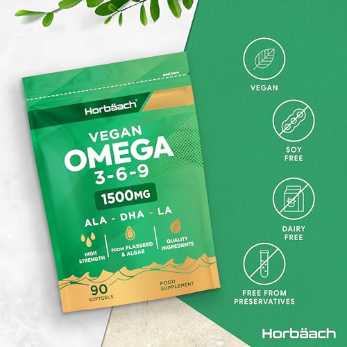- Vegan Omega 3 6 9 Capsules | 1500mg | 90 Count | High Strength Oil from Flaxseed and Algae | -