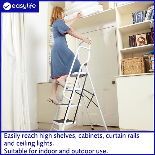 - Safety Folding Step Ladder | 4 Step Ladder, Strong, Non-Slip Rubber Steps With Rail Support And Grip Tight Ridges | 96x159cm -