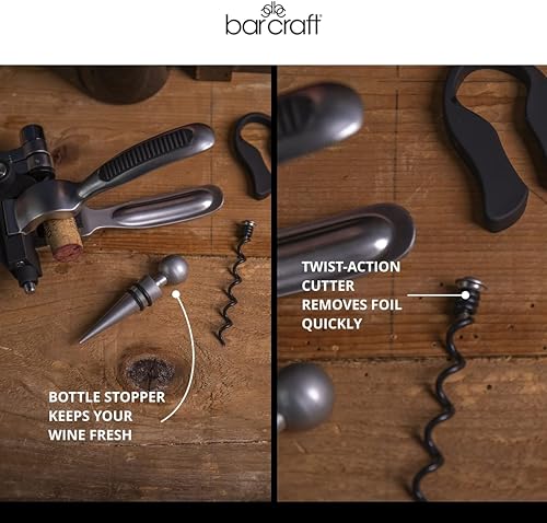 BarCraft Lever Corkscrew and Wine Bottle Opener, Comes with Bottle Stopper, Foil Cutter and Spare Non-stick Worm, 1 Kit with Presentation Box, Metal Shimmer
