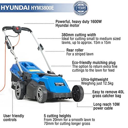- Hyundai HYM3800E 1600W 230V Corded Electric Rotary Lawnmower with Rear Roller | 38cm Cutting Width | Mulching |30L Grass Box | 5 Cutting Heights | 10M Power Cable -
