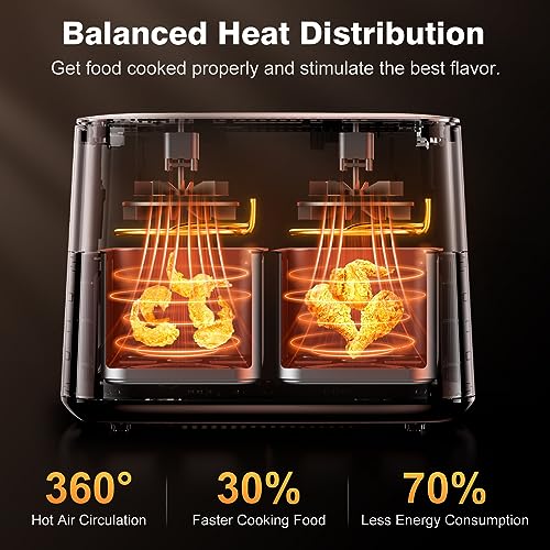 9L Dual Air Fryer with Visual Window, XL Capacity, 2 Drawers, 9-In-1 Cooking Presets, Touch Screen, Smart Finish, Timer Function, Dishwasher-Safe, Healthy Oil Free & Low Fat Cooking