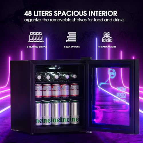 - HCK 48L Mini Fridge with Glass Door | Quiet 39dB | Cyberpunk Beer Fridge with Modern LED Lighting, Drinks Fridge Gaming Refrigerators | 0-15°C Precise Control -
