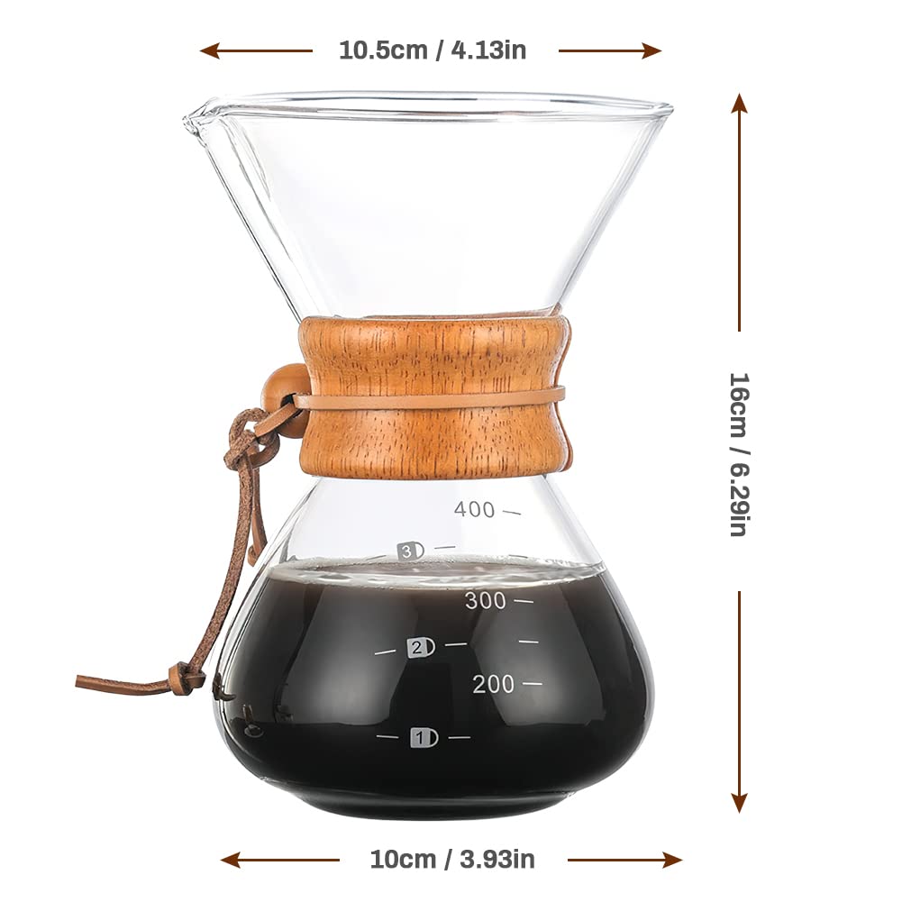Bestcool Pour Coffee Maker, 400ml Manual Coffee Dripper Brewer with Stainless Steel Filter Borosilicate Glass Carafe with Real Wood Sleeve - No Paper Filters Needed