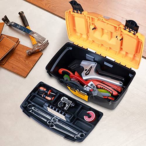AIRAJ PRO Waterproof Toolbox Storage,15"Plastic Tool Box With Removable Tray,3 Transparent Storage Room,2 Hard Plastic Clips,Tool Storage Box for Household Tools,Toys,Decorations and Stationery