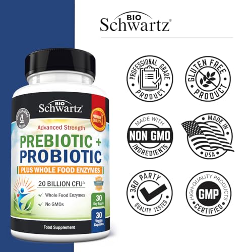 BioSchwartz Prebiotics and Probiotic with Whole Food Enzymes for Adults Women & Men - Probiotics Lactobacillus Acidophilus - Digestive Health Capsules Shelf Stable Supplement - Non-GMO - 30ct