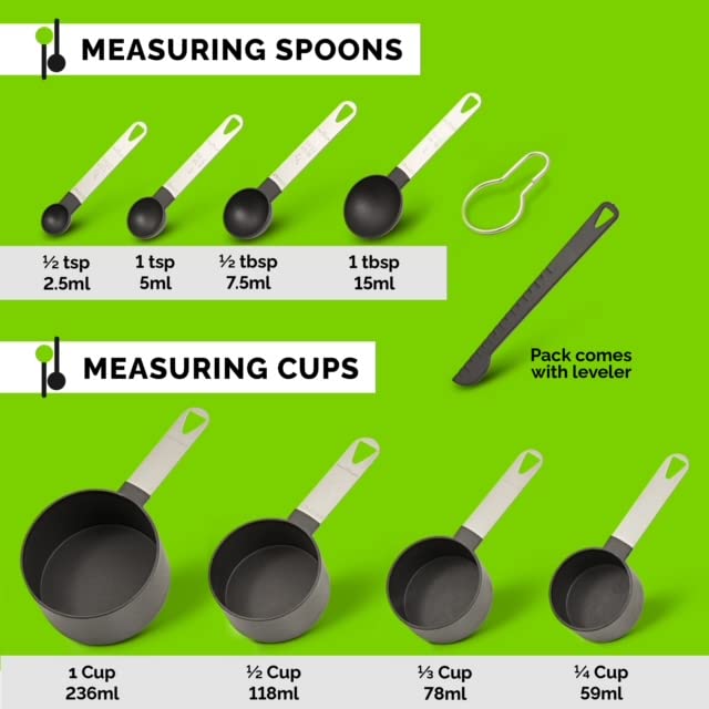 - KETPOT 9 Pcs Measuring Cups and Spoons Set | 4 Measuring Cups / 4 Measuring Spoons & 1 Leveler -