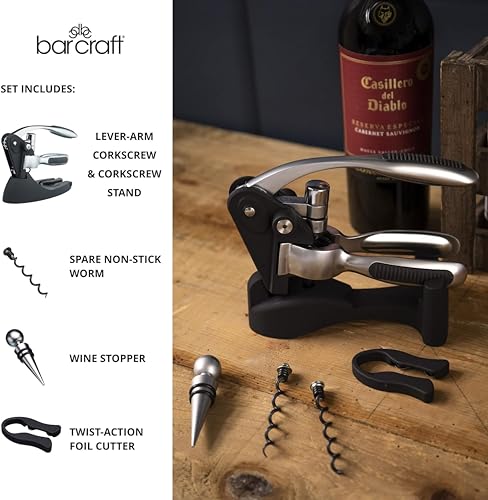 BarCraft Lever Corkscrew and Wine Bottle Opener, Comes with Bottle Stopper, Foil Cutter and Spare Non-stick Worm, 1 Kit with Presentation Box, Metal Shimmer