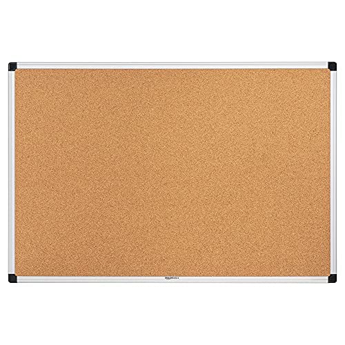 Amazon Basics Aluminum Frame Cork Notice Rectangular Board, 90cm x 60cm, Silver