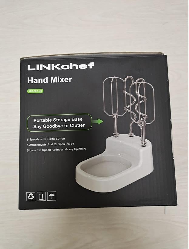 - LINKChef Anti-Splash Hand Mixer Electric Whisk with Storage Base | 5-Speed White Electric Hand Whisk for Baking | 450W -