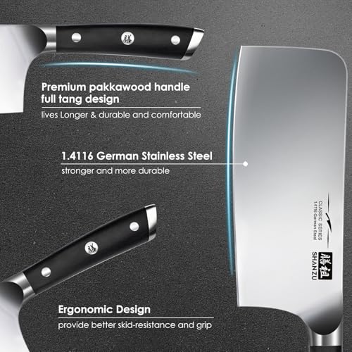 - SHAN ZU Cleaver Knife | Japanese Kitchen Knives | 7 Inch | High-Carbon | German Butcher Chef Knife -