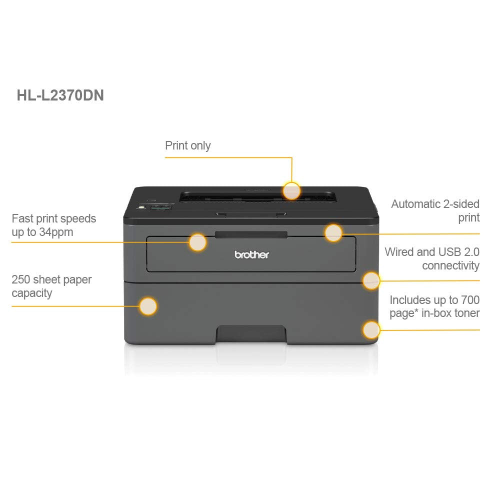 Brother HL-L2370DN Mono Laser Printer - Single Function, USB 2.0/Network, 2 Sided Printing, A4 Printer, Small Office/Home Office Printer, Dark Grey/Black
