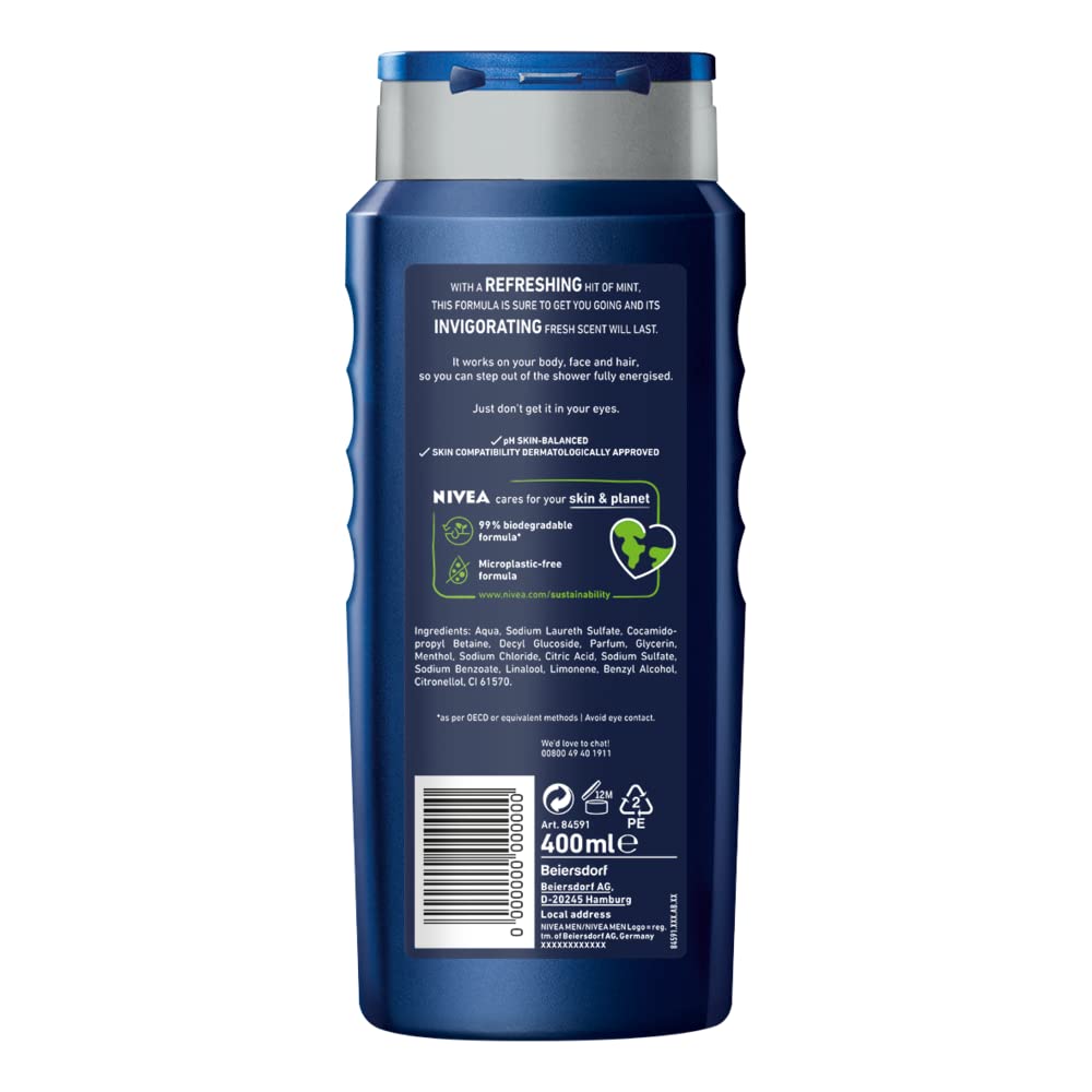 - NIVEA MEN Shower Gel Energy | (6 x 400ml) | Energizing Body Wash with Mint Extract -