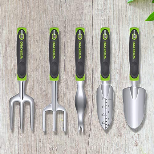 - WORKPRO 5 Pcs Gardening Tools Cast Aluminum Garden Set with Fork, Weeder, Claw, Trower, Soil Shovel for Gardener