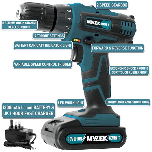 - MYLEK Cordless Drill 18V, 1300 mAh Li-Ion Driver -