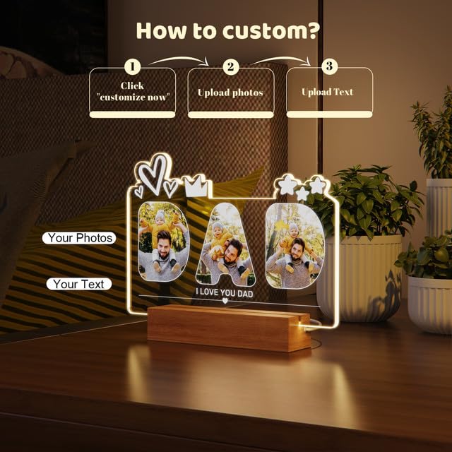- Personalised Custom Dad Photo Frame Night Light with Text&Photo -