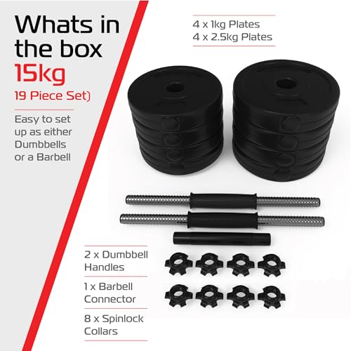 Body Revolution - Adjustable Vinyl Weights 15kg Dumbbells Set - Adjustable Dumbbells with Barbell Set Converter, Fitness and Strength Free Weights, Training Equipment