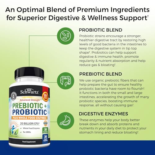 BioSchwartz Prebiotics and Probiotic with Whole Food Enzymes for Adults Women & Men - Probiotics Lactobacillus Acidophilus - Digestive Health Capsules Shelf Stable Supplement - Non-GMO - 30ct