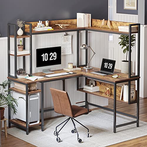 CubiCubi L-Shaped Desk with Hutch, 150x120x144 cm Corner Computer Desk, Large Home Office Desk with Bookshelf and Storage Shelves, Space-Saving, Rustic Brown