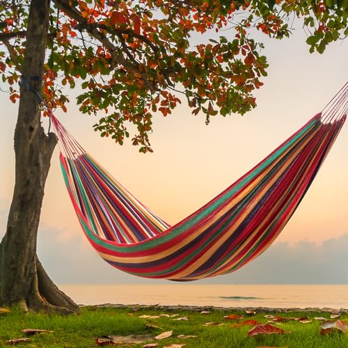 - Signstek Cotton Hammock with Tree-friendly Straps | Durable Portable Hammock | Travel Bag -
