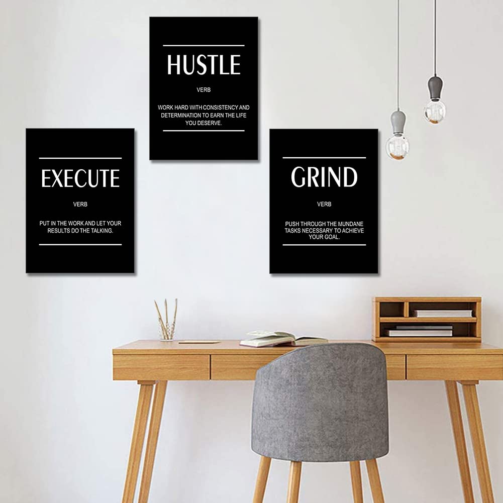 Artscope 3 Pieces Inspirational Motivational Words Wall Art Canvas Prints - Execute Hustle Grind Picture Painting - Modern Wall Artwork Framed for Gifts Bathroom Living Room Office Decor - 30 x 40 CM