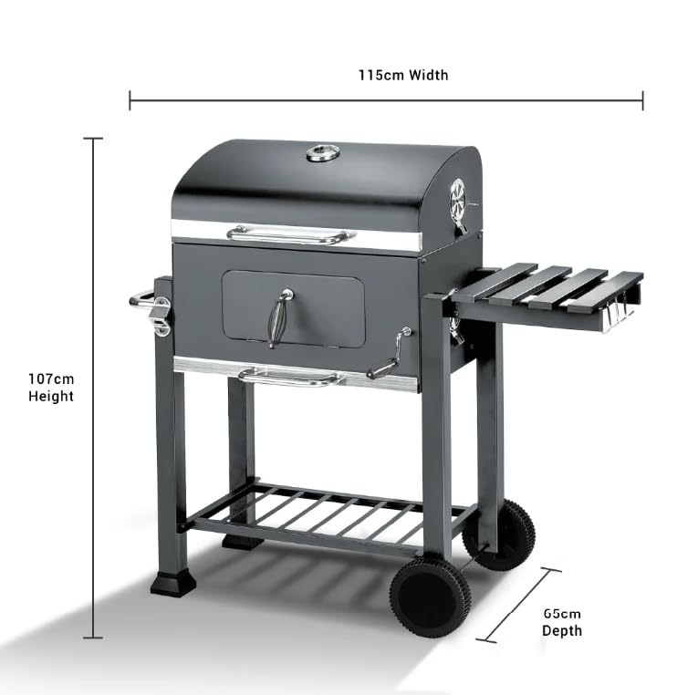 BillyOh Charcoal BBQ Grill Smoker with Side Table Shelf Stainless Steel Barbecue with Wheels Outdoor Portable Garden BBQ with Temperature Gauge, Grey Texas