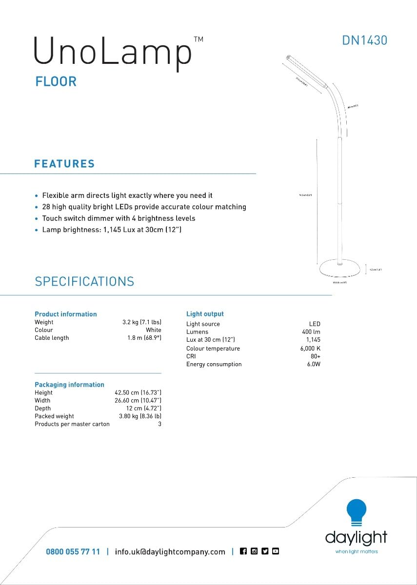 Daylight Company Unolamp Floor, Standing Lamp for Living Room, Bedroom, Salon, Office, Touch Control, Flexible Arm, Sleek Design, Multipurpose Use - White