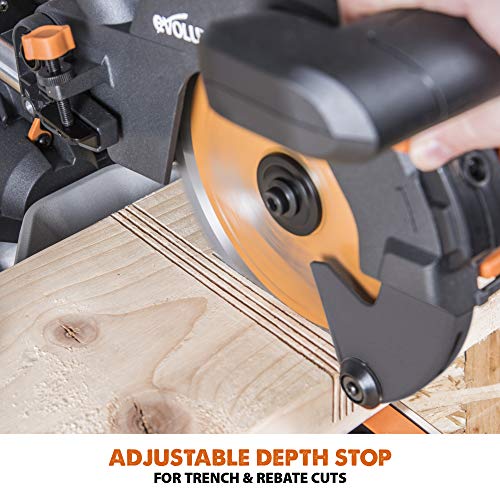 - Evolution Power Tools R210SMS+ Sliding Mitre Saw With Multi-Material Cutting | 45° Bevel | 50° Mitre | 230mm Slide | 1500 W | 230 V -