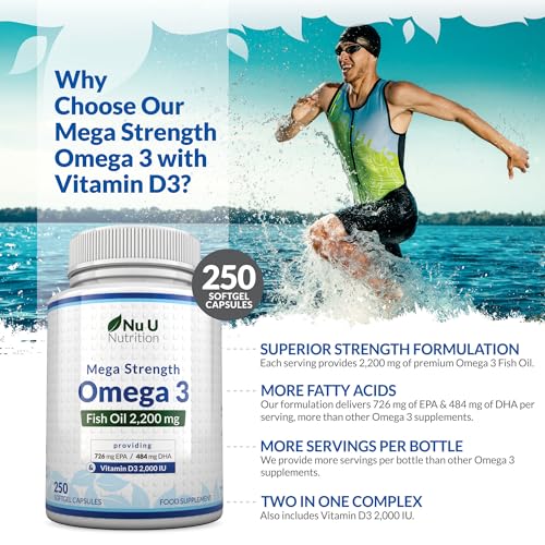 - Omega 3 | 250 Softgel Capsules | Sustainably Sourced - High Strength 1100mg Fish Oil per Capsule - Nu U Nutrition