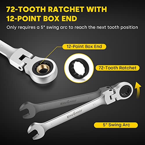 - Enventor 14PCS Flex-Head Ratchet Spanner Set | Metric, 6mm to 19mm Ratcheting Combination Wrench Set with Carry Case -