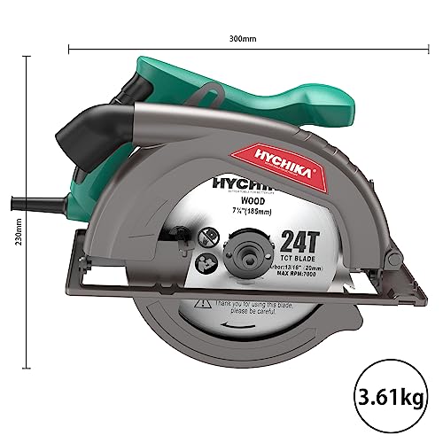 Circular Saw, 1300W HYCHIKA Electric Saw 4500RPM, High Power Motor, 24T Blade(185mm), Cutting Depth 65mm (90º), 45mm (45º), Safety Switch, Dust Extraction, for Wood/Plastic Cutting