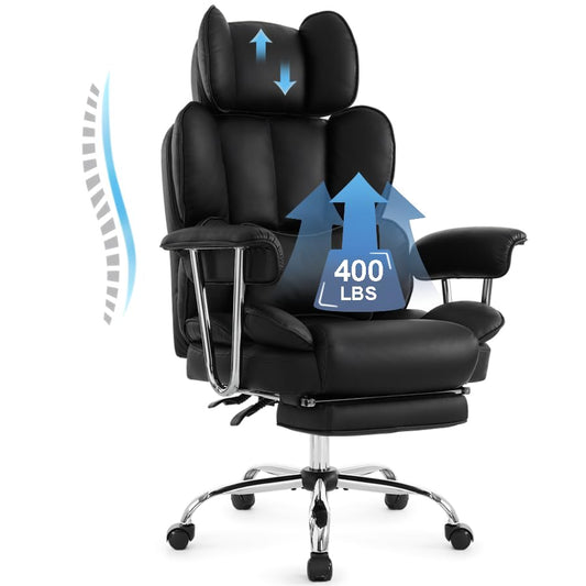 - IWMH Big and Tall Leather Office Chair 400LBS | High Back Reclining Desk Chair | Wide Seat & Footrest | Lifting Headrest Executive Office Chair -