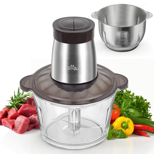 Bear 2L+1.8L 600W Electric Food Processors & Chopper with Glass Container and 304 Stainless Steel Container, 2 Speed Settings, 4 Stainless Steel Blades for Chopping Meat, Baby Food, Fruit, Vegetables