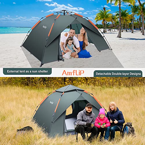 Amflip Camping Tent Automatic 3 Man Person Instant Tent Pop Up Ultralight Dome Tent 4 Seasons Waterproof & Windproof Camping Tent with Removable Outer Tarpaulin, Double Layers (army green)