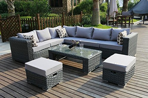 - YAKOE 50020 Papaver Conservatory Modular 9 Seater Rattan Corner Garden Sofa Furniture Set - Grey