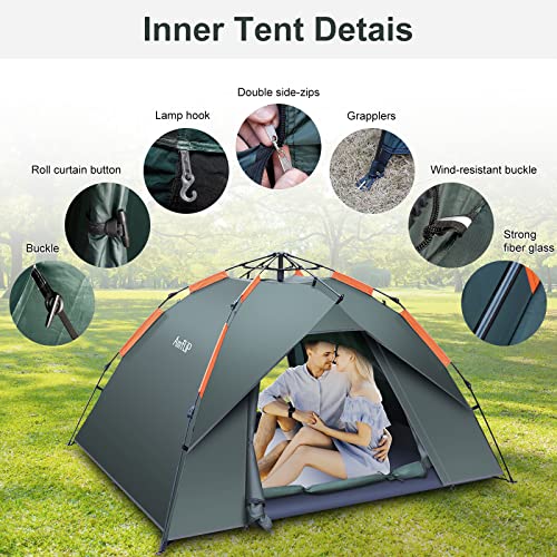 Amflip Camping Tent Automatic 3 Man Person Instant Tent Pop Up Ultralight Dome Tent 4 Seasons Waterproof & Windproof Camping Tent with Removable Outer Tarpaulin, Double Layers (army green)