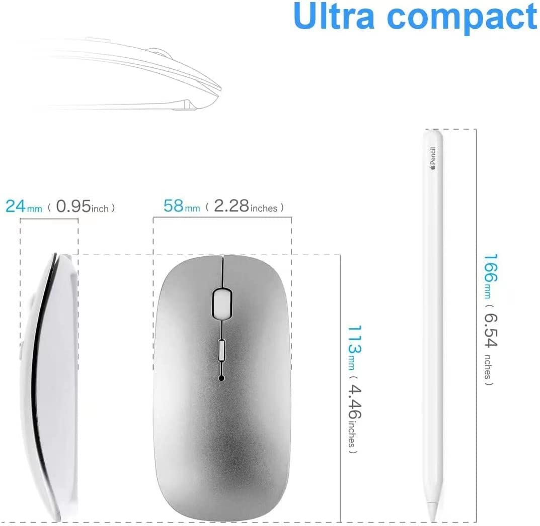 ANEWISH Bluetooth Mouse for Laptop/iPad/iPhone/Mac(iOS13.1.2 and Later)/PC, Rechargeable Noiseless Mini Wireless Mouse Compatible with Android/Windows/Linux, Silver
