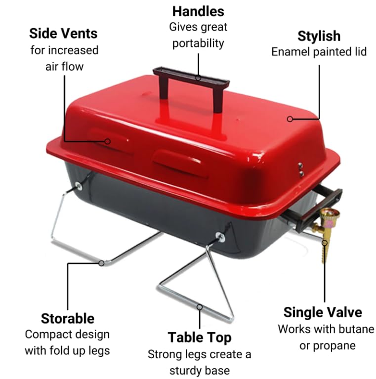 BillyOh Foldable Picnic and Camping BBQ Red Table Top Camping Barbecue with Lid Lightweight and Compact