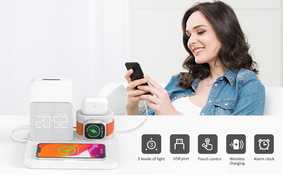 COLSUR 3 in 1 Wireless Charging Station, Mag-Safe 15W Wireless Charger with Alarm Clock, Night Light, Wireless Charger Stand for iPhone 15 14 13 12 11 X Pro Max, Apple Watch, AirPods