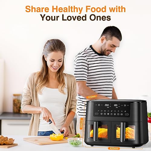 9L Dual Air Fryer with Visual Window, XL Capacity, 2 Drawers, 9-In-1 Cooking Presets, Touch Screen, Smart Finish, Timer Function, Dishwasher-Safe, Healthy Oil Free & Low Fat Cooking