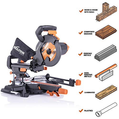 - Evolution Power Tools R210SMS+ Sliding Mitre Saw With Multi-Material Cutting | 45° Bevel | 50° Mitre | 230mm Slide | 1500 W | 230 V -